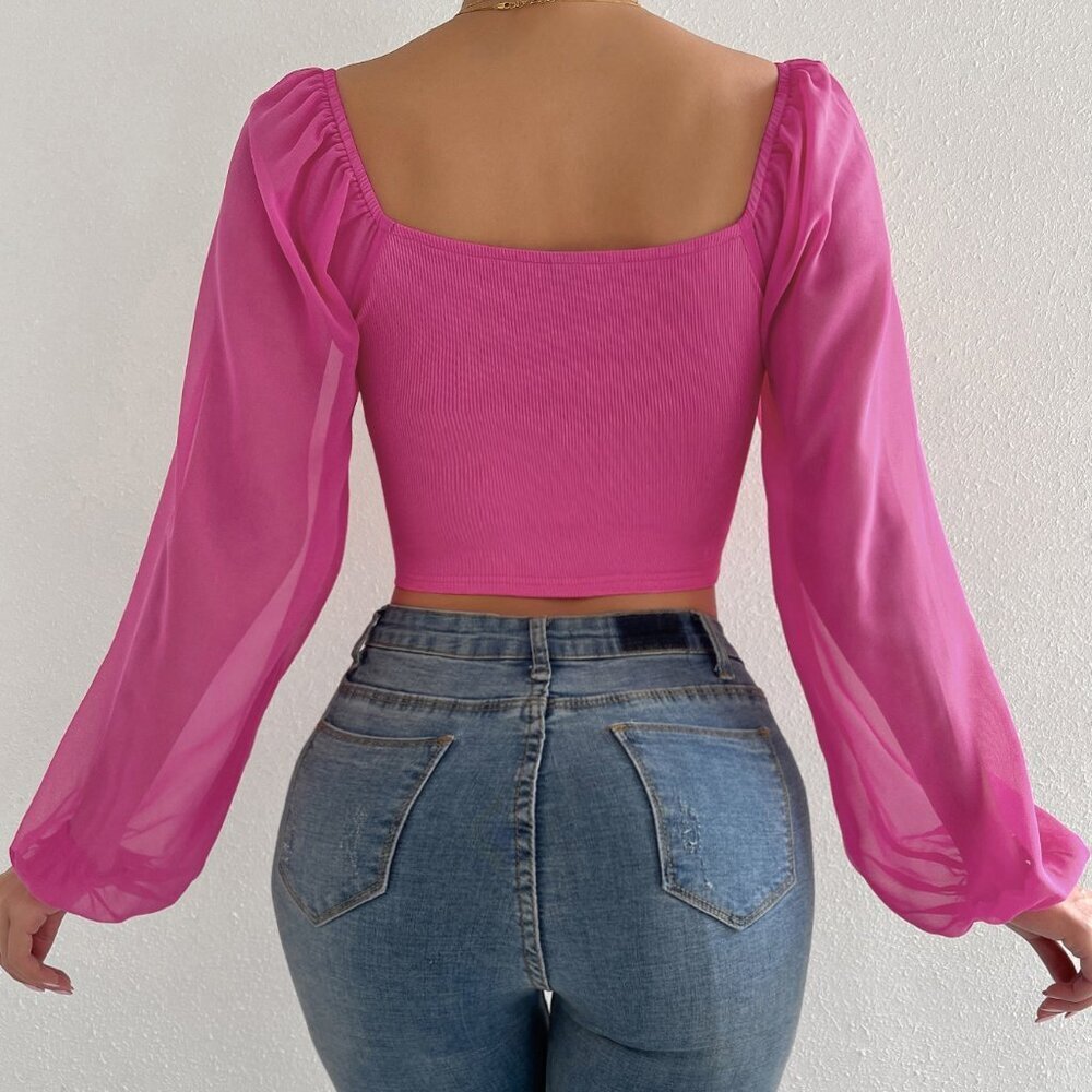 Hot Pink Casual Women's Heart Neck Drawstring Ruched Long Sleeve Top - Picture 2 of 6